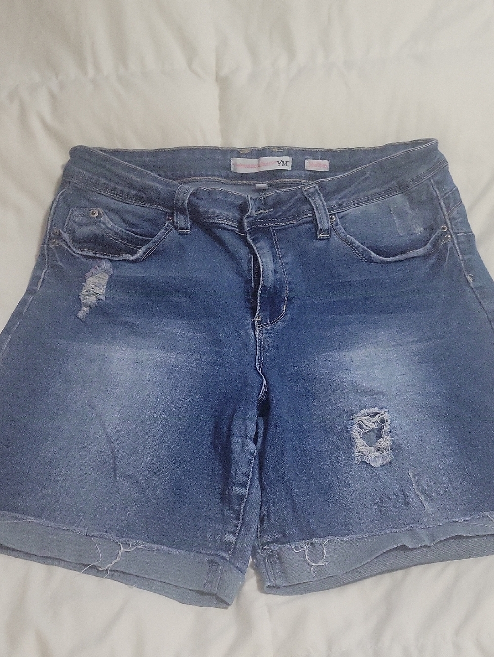 Dark Blue Distressed Women's Jean Shorts - Classic Mid Rise